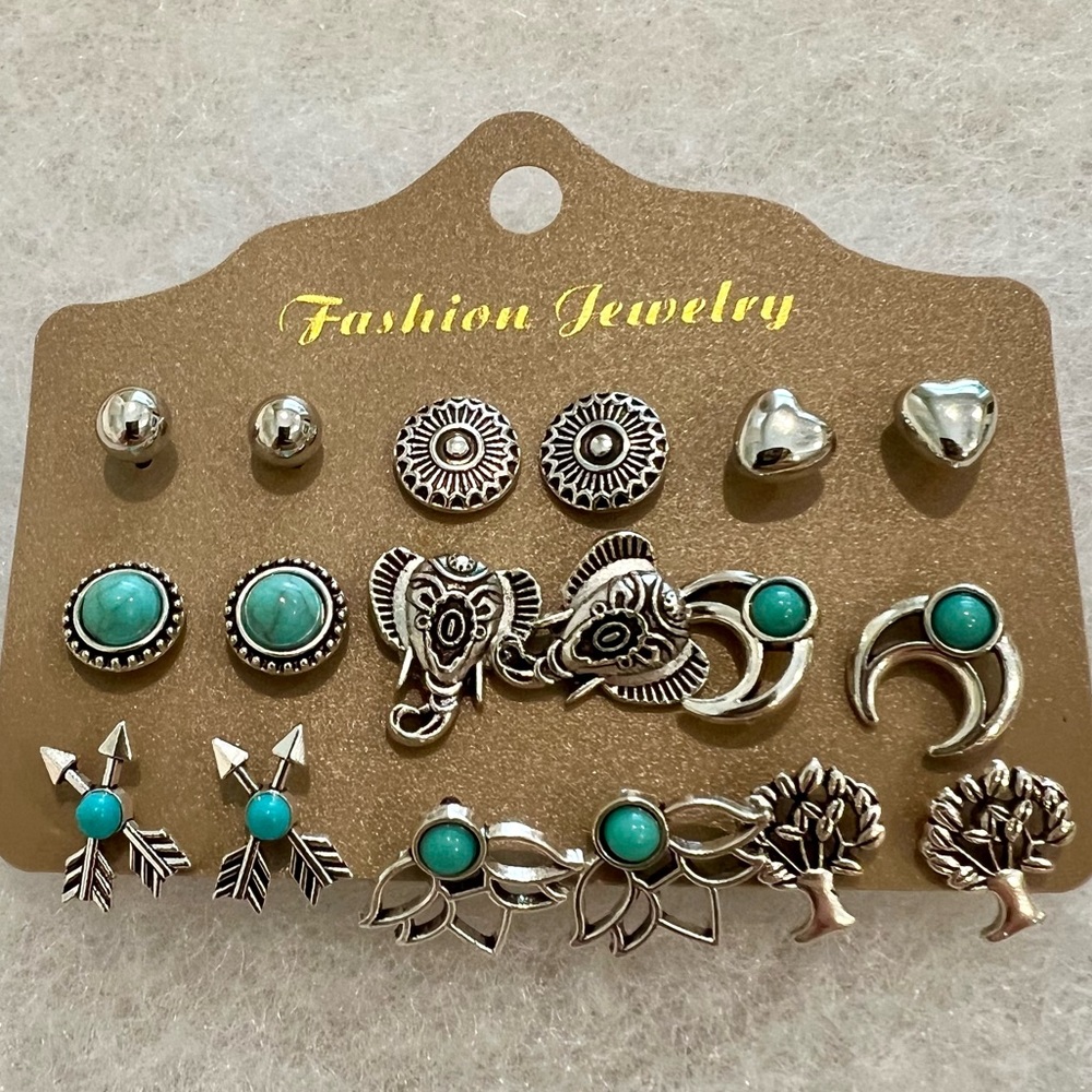 New Fashion Jewelry Earrings Silver Tone & Blue/Teal ~ Set of 9 pairs ~ …
